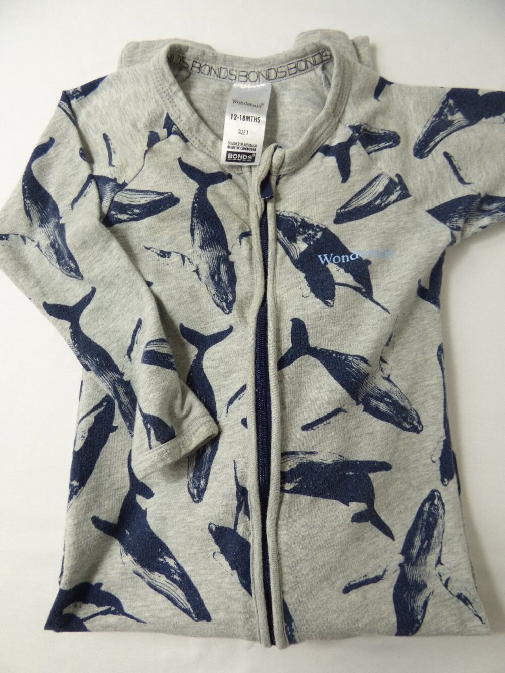 Bonds Shark Organic Cotton Wondersuit, Size 12-18 Months